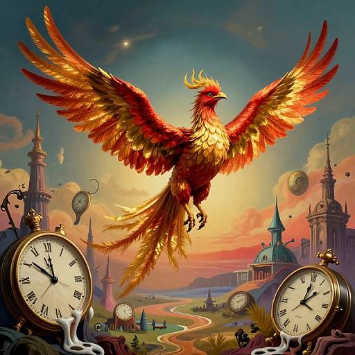Digital fantasy artwork of a fiery, red and yellow phoenix with outstretched wings, soaring above a surreal cityscape with clock towers, clock faces,