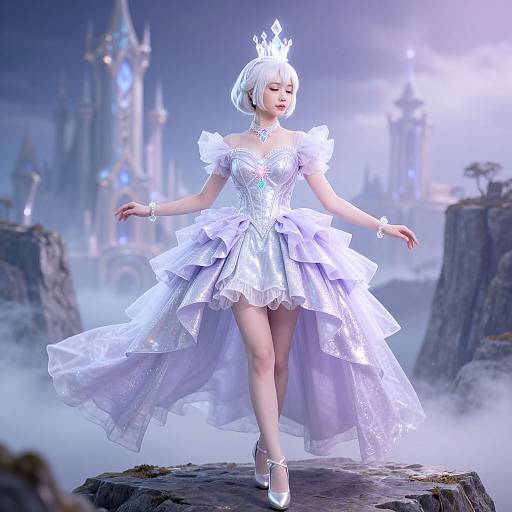 Digital art: White-haired princess in sparkling silver gown and crown, dancing on rocky cliff, ethereal castle and misty background.