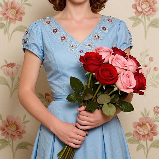 Photograph of a woman in vintage blue dress with floral embroidery, holding a bouquet of red and pink roses, against a floral wallpaper background.