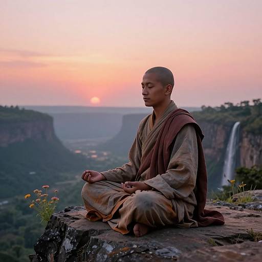 Photograph of a Buddhist monk with shaved head, brown robe, sitting in meditation on a cliff at sunset, overlooking a waterfall and valley.