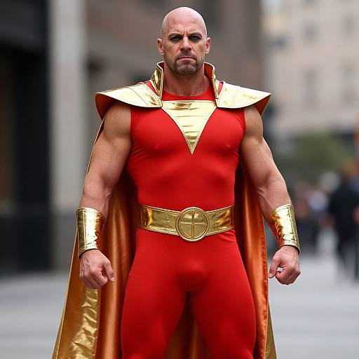 Photograph of a bald, muscular man in a red superhero suit with gold accents, cape, and belt, standing confidently in a city street.