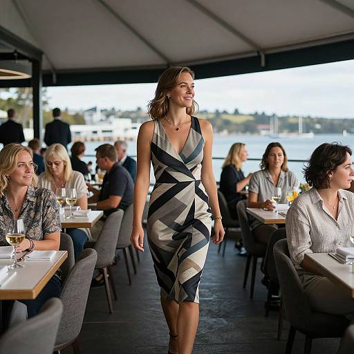 Photograph of a smiling woman with wavy brown hair in a geometric-patterned dress, walking through a modern, waterfront restaurant with seated patrons.