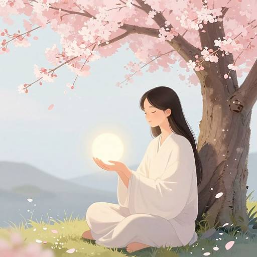 Digital anime-style drawing of a woman with long black hair, wearing a white robe, sitting under a cherry blossom tree, gently holding a glowing light.