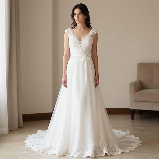 Photograph of a brunette woman in a white, lace-trimmed, V-neck wedding gown with cap sleeves, standing in a bright room.
