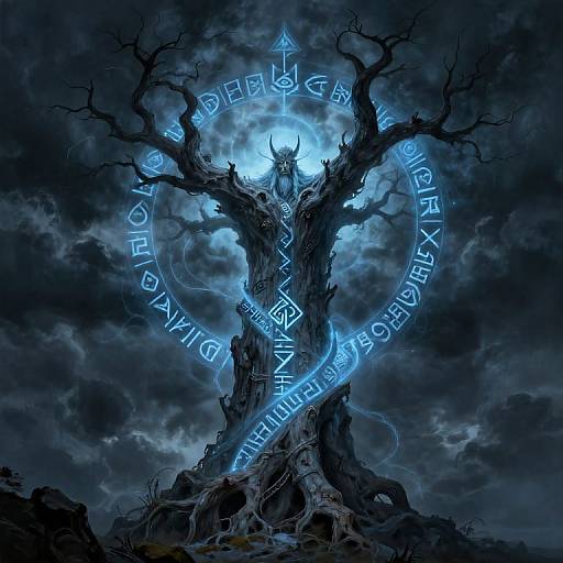 Digital artwork of a dark, twisted tree with glowing blue runes encircling its base, set against a stormy, cloudy sky. A horned