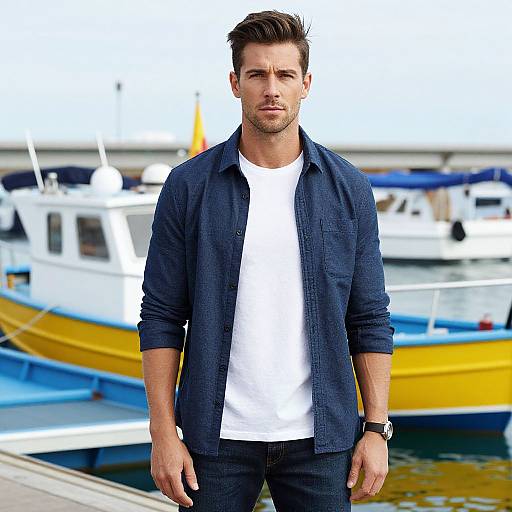 Photograph of a handsome, bearded man with short brown hair, wearing a navy blue shirt over a white t-shirt, standing by colorful boats at