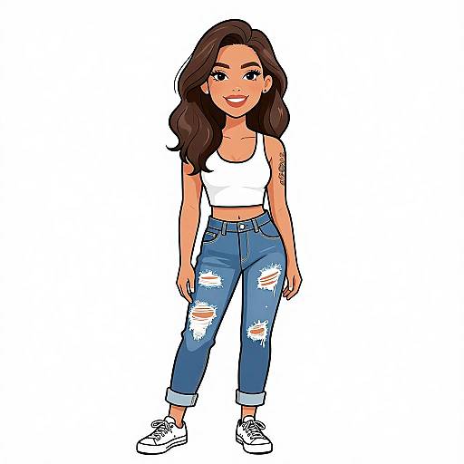 Digital illustration of a smiling woman with long brown hair, wearing a white crop top, ripped blue jeans, and white sneakers.