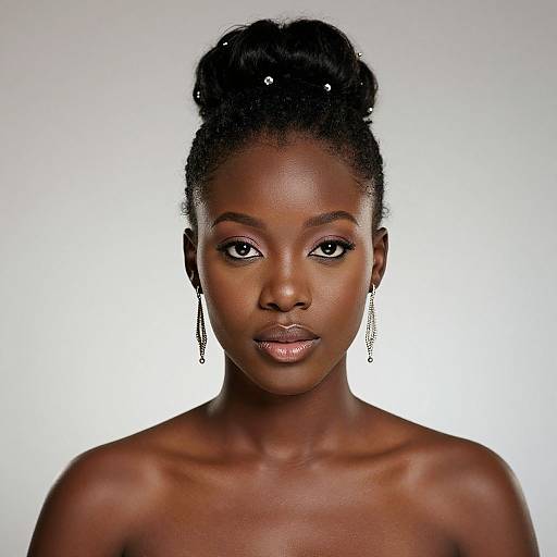 Photograph of a dark-skinned, topless woman with a high bun, small pearl hairpins, and dangling earrings, against a white background.