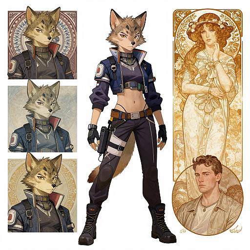 Digital artwork: Full-body anthropomorphic wolf soldier in tactical gear, holding gun, surrounded by four headshots and two Art Nouveau-style portraits.