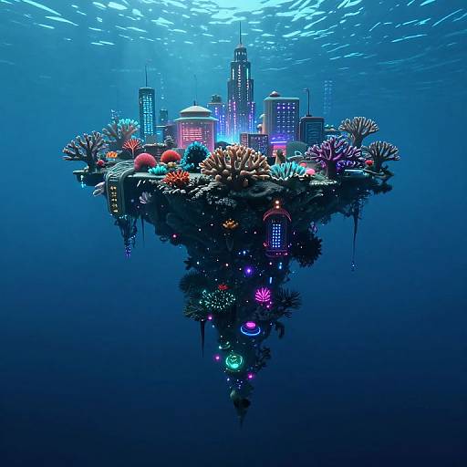 Underwater digital art: Vibrant coral island with colorful corals and glowing lights, surrounded by skyscrapers, illuminated by sunlight from above.