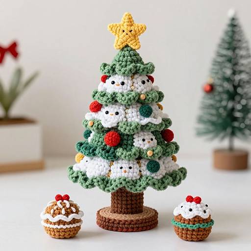 Crochet Christmas tree with yarn faces, red and green pom-poms, star topper, and two small crochet ornaments, set on a white surface