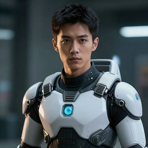 Photorealistic digital image of an Asian male with short black hair, wearing a white and black futuristic armored suit with a glowing blue emblem, standing in