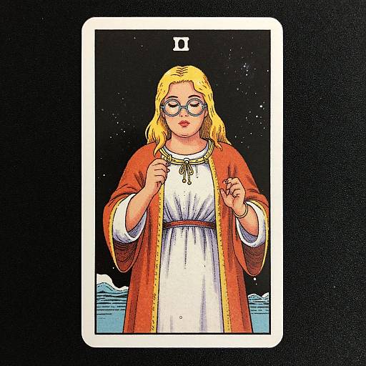 Digital illustration of a blonde woman with glasses, red robe, white dress, and gold necklace, against a starry night background. Number II above.