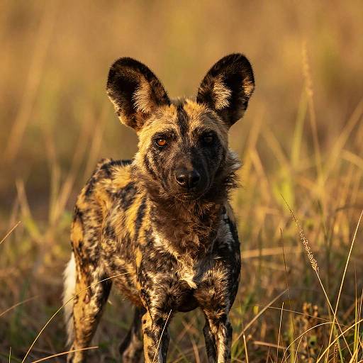 Photograph of a African wild dog with a distinctive black and gold coat, standing in a sunlit, grassy savanna, looking directly at the