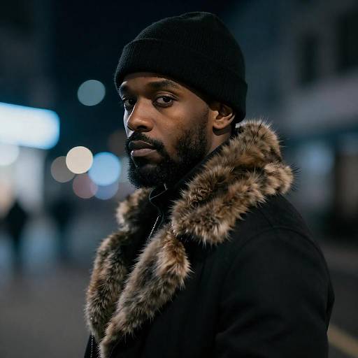 Dark-Skinned Man in Beanie Night Portrait
