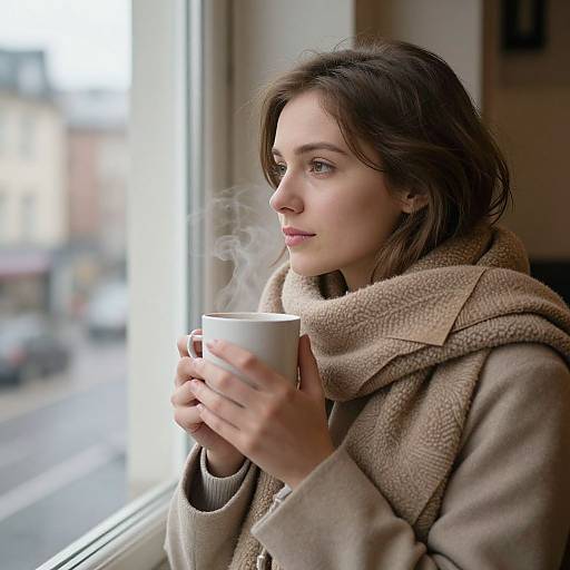 Photograph of a young woman with fair skin and brown hair, wearing a beige wool coat and scarf, holding a steaming white mug, gazing