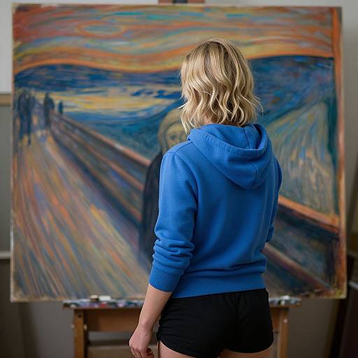 Photograph of a blonde woman in a blue hoodie and black shorts, standing before a vibrant, Expressionist painting inspired by Van Gogh's 