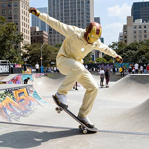 Photograph of a skateboarder in a white outfit and yellow helmet performing a trick in a sunlit urban skatepark with colorful graffiti and skyscrapers