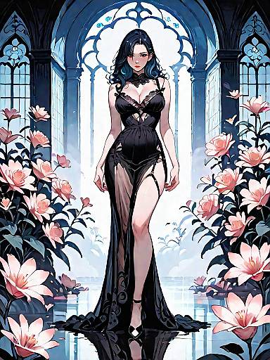 Dark Fantasy Woman in Elegant Black Lace Nightgown