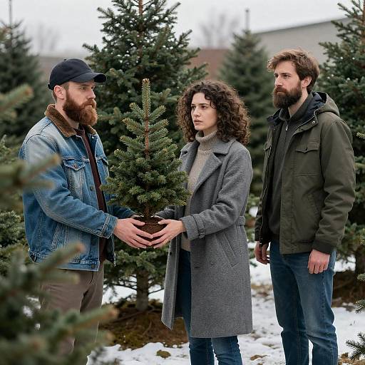 Friends Among Christmas Trees in Winter
