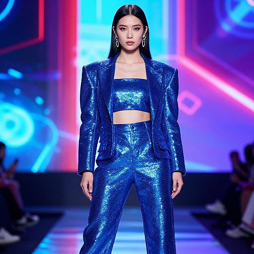 Photograph of a confident woman with long black hair, wearing a sparkling blue sequin crop top and matching pants, and a sequin blazer,