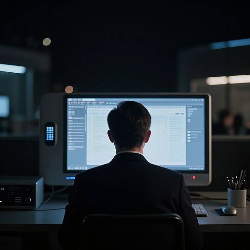 Photograph of a man in a dark suit, viewed from behind, sitting at a desk with a brightly lit computer screen.