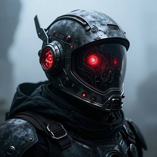 Digital illustration of a futuristic, armored soldier with a glossy black helmet featuring red, glowing eyes and intricate cybernetic details. Background is a misty