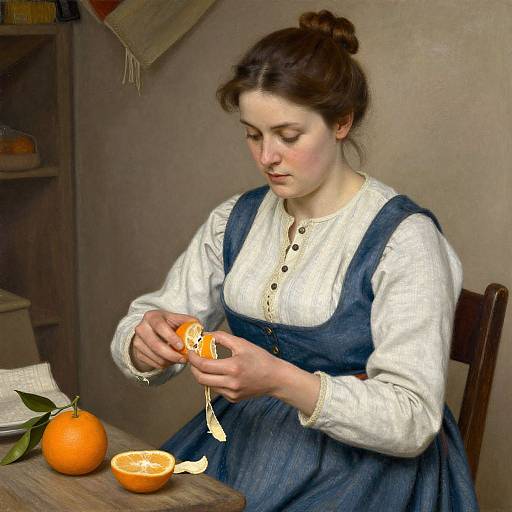 Photograph of a young woman with fair skin and brown hair in a bun, wearing a white blouse and blue pinafore, peeling an orange