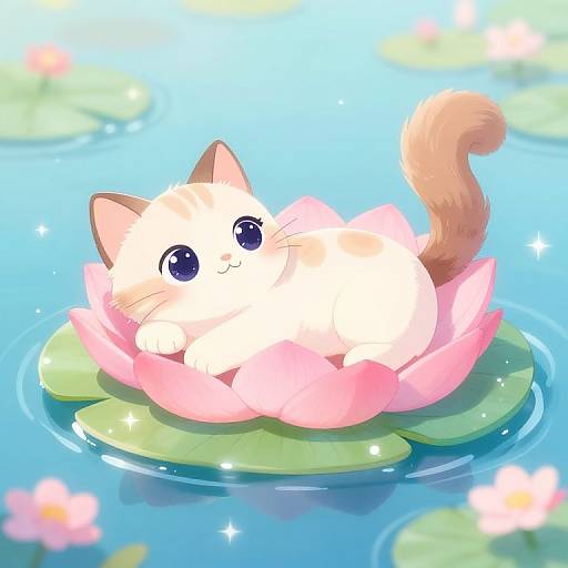 Adorable chibi-style cat with big blue eyes and pink blush, lounging in a pink lotus flower on a lily pad in a sparkling
