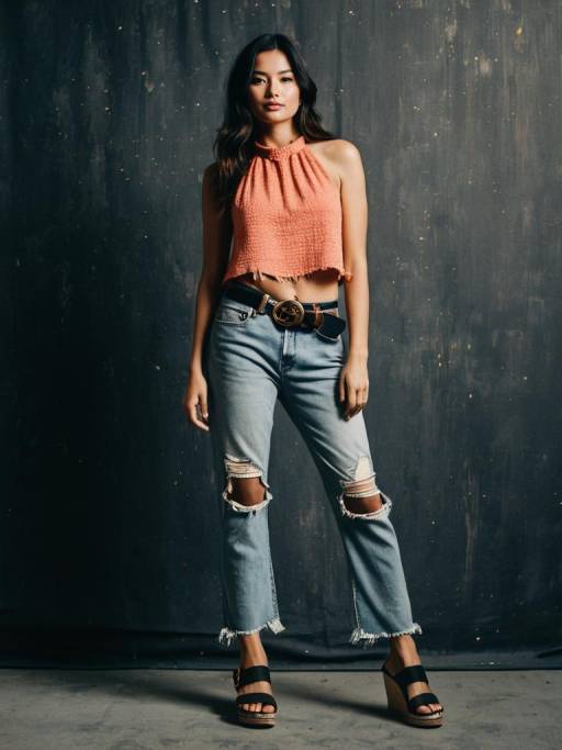 Woman in Coral Halter Top and Distressed Jeans