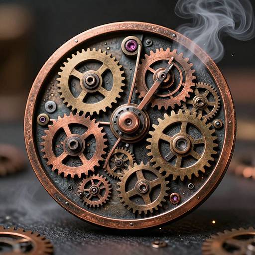 Photorealistic CGI of a copper mechanical clock face with interlocking gears, purple gemstones, and a smoky effect, set against a dark,