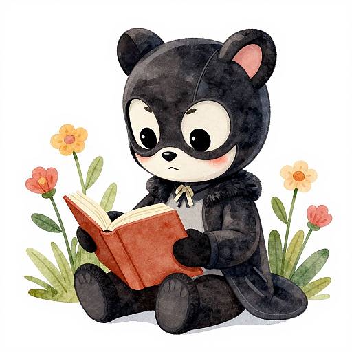 Catwoman Panda Reading Beside Wildflowers