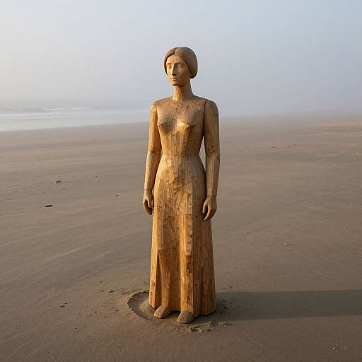Photograph of a wooden sculpture of a woman in a long dress standing on a foggy, empty beach, with the ocean in the background.