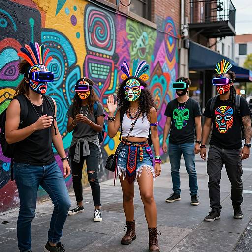 Photograph of four diverse individuals in colorful, feathered masks, vibrant outfits, and VR headsets, walking on a graffiti-covered urban street.