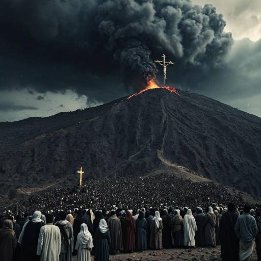 Jesus on Cross Above Erupting Volcano with Mourning Crowd