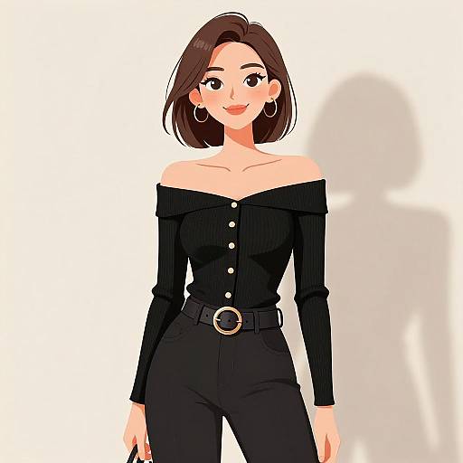 Digital anime-style drawing of a smiling woman with short brown hair, wearing an off-shoulder black button-up top and high-waisted pants,