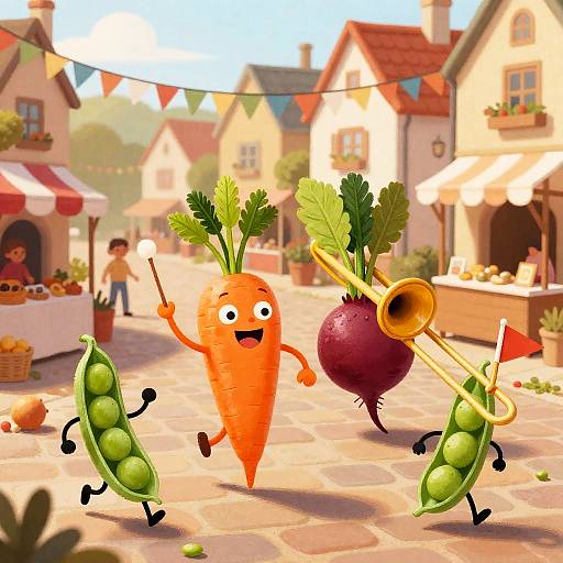 Gouache Vegetable Parade in Cobblestone Square