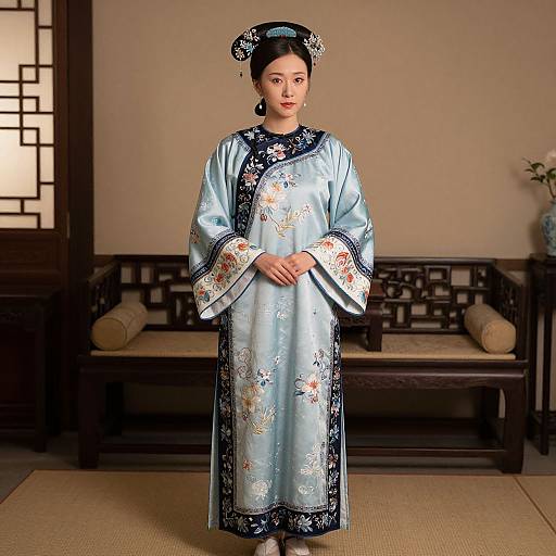 Photograph of an Asian woman in traditional light blue floral silk qipao, black hair bun, standing in a traditional Japanese-style room.