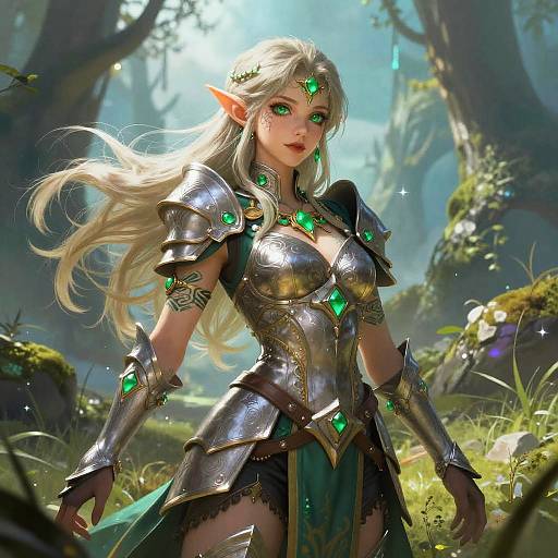 Digital fantasy artwork of a beautiful, green-eyed, blonde elf woman with pointed ears, wearing shiny silver armor adorned with green gems, standing in a sun