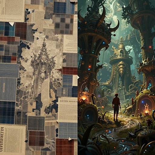 Split image: left side is a pixelated collage of text and grayscale figures, right side is a vibrant, detailed fantasy scene with a lone figure in