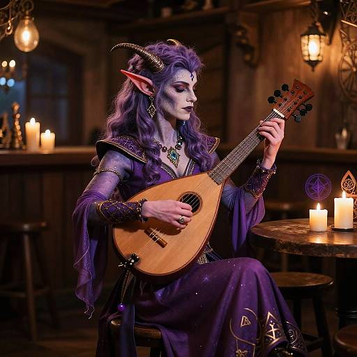 Photograph of a purple-skinned, elf-like woman with horns, playing a lute in a dimly lit, candlelit tavern. She wears