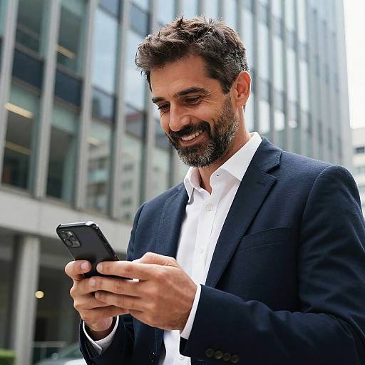 Smiling Man Using Smartphone Outdoors
