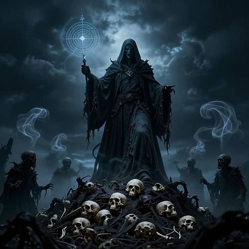 Grim, dark fantasy illustration: shadowy, robed figure casts magical circle over pile of skulls and bones, surrounded by eerie, smoky sil