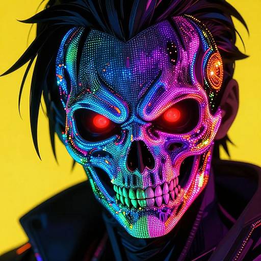 Glowing, neon-colored skull with red eyes and black hair, wearing a dark jacket, against a bright yellow background. Digital art.