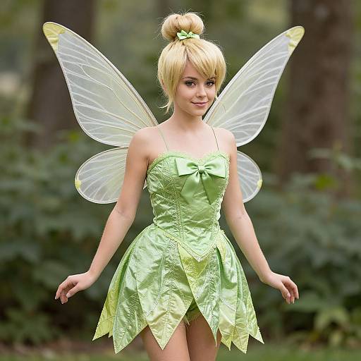 Photograph of a blonde woman dressed as a fairy with translucent wings, wearing a green, strapless, leaf-patterned dress and bow, in a
