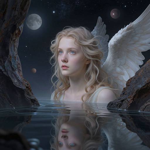 Digital artwork of a serene, blue-eyed, blonde angel with white wings emerging from a reflective, moonlit, starry night water.