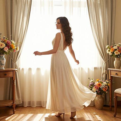 Sunlit Woman by Window with Florals