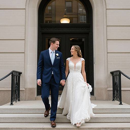 Photograph of a handsome groom in a navy suit and a beautiful bride in a white lace gown, holding hands and walking up the steps of a grand