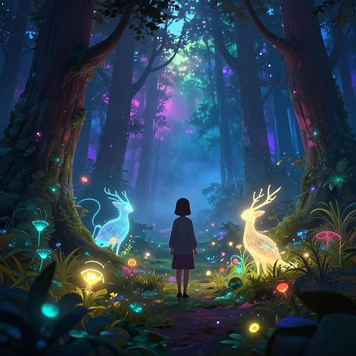 Digital illustration of a child in a forest, surrounded by glowing blue and yellow deer, colorful mushrooms, and ethereal lights in a mystical, blue-purple