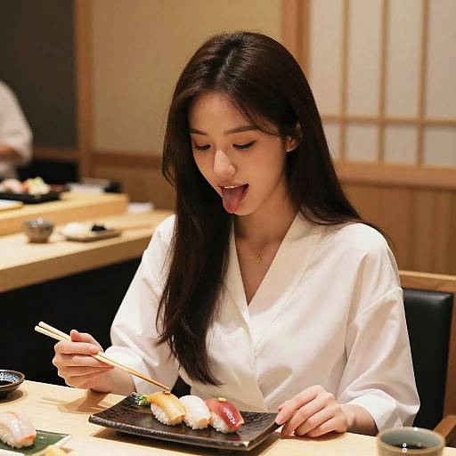 Ultra-Realistic Woman with Long Tongue at Sushi